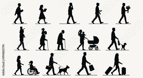 Collection of Diverse Human Silhouettes in Motion.