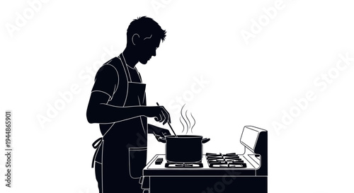 Silhouette of a man cooking on a stove.