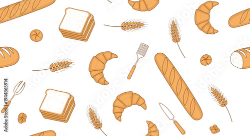 Bread and Pastry Pattern, Croissants, Loaves, Wheat Stalks, and Baking Utensils for Bakery, Food, and Culinary Designs