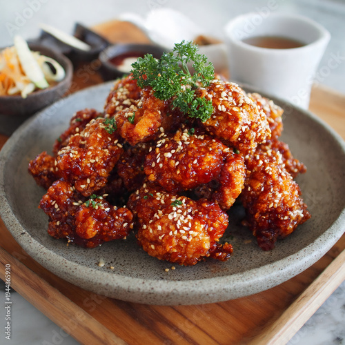 Golden Crunchy Korean Fried Chicken (basic Huraideu-Chikin) served with pickled and Soju. In South Korea, fried chicken is consumed as a meal, an appetizer, Anju, or as an after-meal snack 