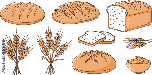 Bread and Wheat Illustrations Set, Different Types of Breads, Wheat Stalks, and Loaves for Bakery, Food, and Agricultural Designs