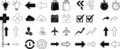 A collection of various black and white icons and symbols isolated on transparent background, Vector