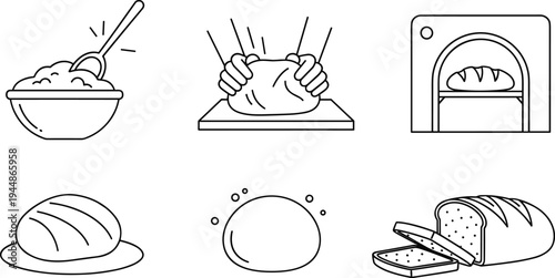 Bread Making Process Illustrations Set, Mixing, Kneading, Baking, and Slicing for Bakery, Culinary, and Food Preparation Designs