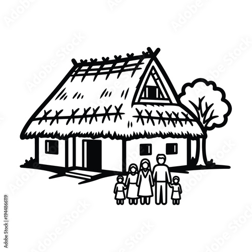 Traditional thatched roof hut with happy family standing outside vector line art drawing