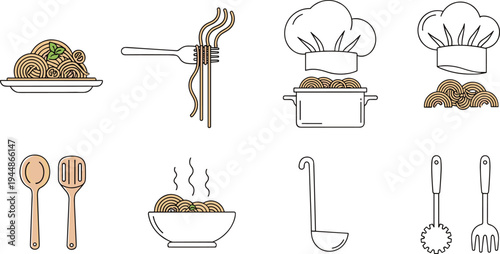 Pasta Cooking Tools and Dishes Illustrations Set, Forks, Ladles, Wooden Spoons, Chefs Hats, and Plates of Pasta for Food, Cooking, and Culinary Designs