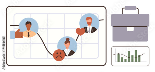 Business growth, employee performance, feedback analysis, human resources, workplace dynamics, management strategy. Chart with portraits, fluctuating graph and emotions. Business growth and employee