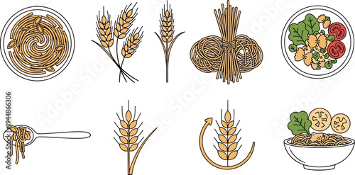 Spaghetti and Wheat Illustrations Set, Pasta in Bowls, Wheat Stalks, and Pasta Packaging for Food, Cooking, and Agricultural Designs