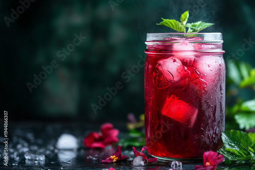 Iced hibiscus tea served in mason jar with mint and flowers beside it