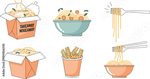 Takeaway Pasta and Eating Pasta Illustrations Set, Spaghetti in Boxes, Bowls, and Forks for Food, Meal, and Takeout Designs