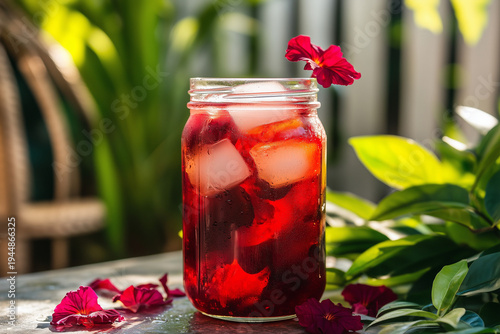 Iced hibiscus tea served in mason jar with flowers and greenery