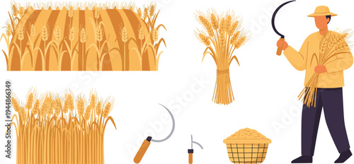 Wheat Harvesting Illustrations Set, Farmer with Scythe, Wheat Fields, Harvesting Tools, and Grain Basket, Perfect for Agricultural and Farm Designs