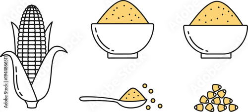 Corn and Grain Illustration Set Featuring Corn Cob, Corn Kernels, Bowls, and Spoon for Agricultural and Food Branding