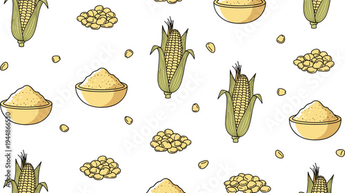 Corn and Grain Pattern Illustration Set Featuring Corn Cobs, Bowls of Flour, and Grains for Food and Agriculture Branding