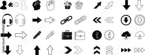 A collection of various black and white icons on a white background isolated on transparent background, Vector