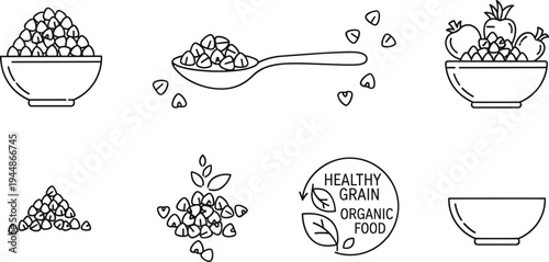 Healthy Organic Grains and Seeds Illustration Set Featuring Bowls, Spoons, and Natural Food Branding Icons