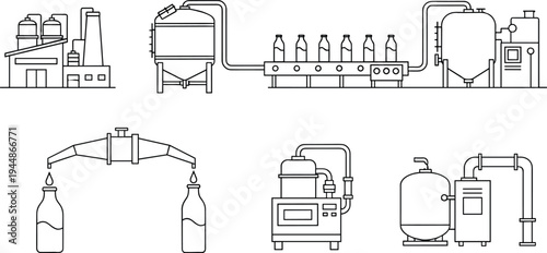 Industrial Factory Production Line Illustration Set Featuring Bottling, Machinery, and Manufacturing Equipment for Business and Technology Designs