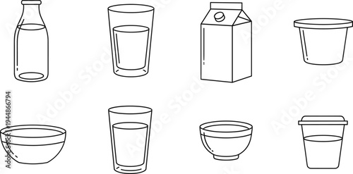 Milk, Water, and Beverage Containers Illustration Set Featuring Bottles, Glasses, Cups, and Bowls for Food and Beverage Branding