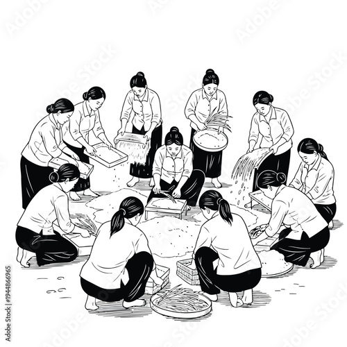 Group of village women processing grain together in circular formation vector illustration