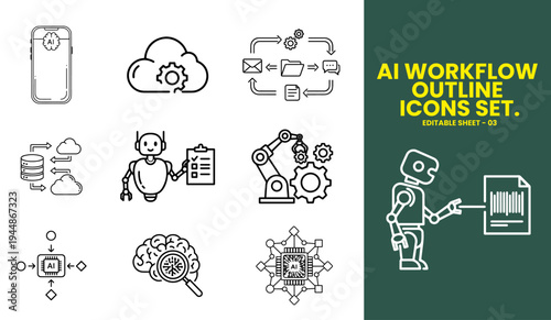 AI Automation Business Workflow Outline Icons Modern Technology Line Icon Collection