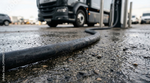 Electric trucks charging with a heavy-duty truck at a station, cable on wet ground, for sustainable logistics, green transport, and future energy infrastructure.