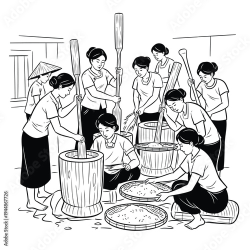 Asian women in traditional clothing processing rice outdoors with mortars and pestles