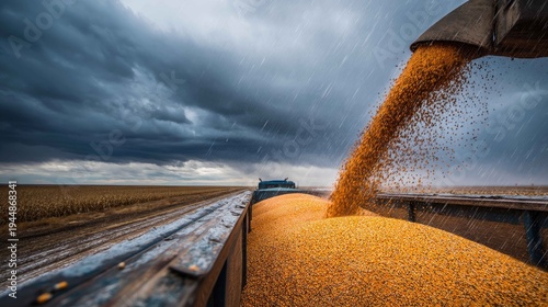 Harvesting Corn in Rainy Weather on a Midwest Farm Landscape