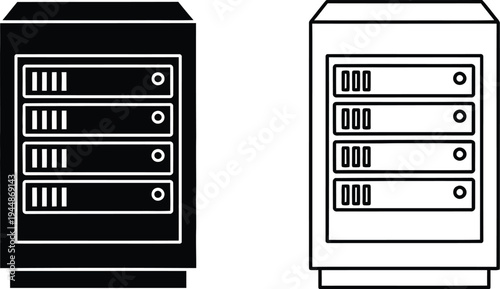 Server racks black white line drawing isolated on transparent background, Vector