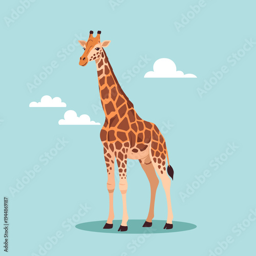 A charming illustration of a tall giraffe with distinctive brown patches standing against a soft blue sky with fluffy white clouds.