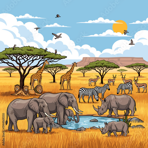 A vibrant illustration of diverse African wildlife gathered around a watering hole in a savanna landscape under a sunny sky.