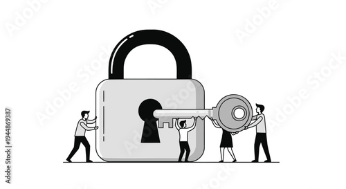 Vector illustration of people working together to open a large lock with a key