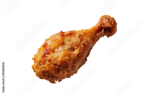 Crispy golden fried chicken drumstick isolated on a transparent background, savory crunchy fast food snack or meal