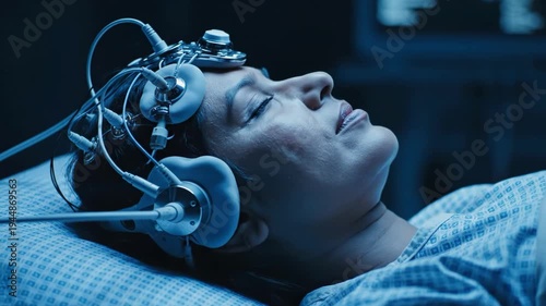 Woman undergoing eeg procedure with electrodes attached to her head