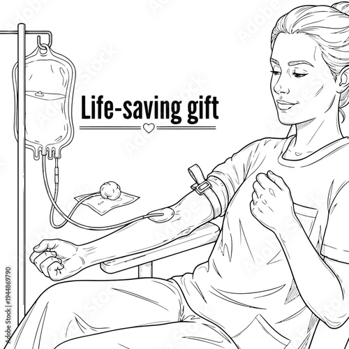 Woman donating blood at clinic with iv bag for life saving gift charity medical procedure