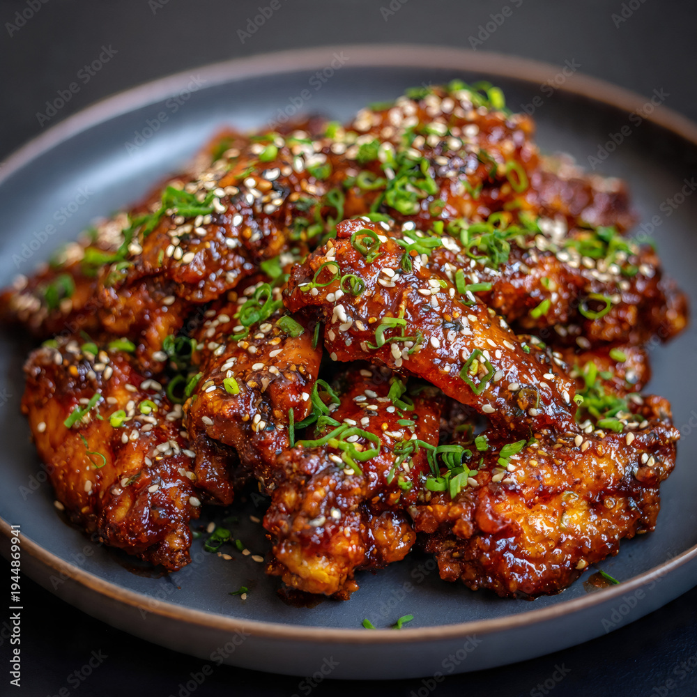 Fototapeta premium Spicy korean chicken wings with sesame seeds and chives