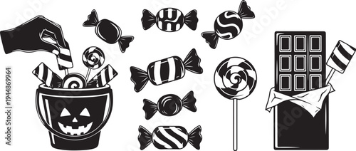 Halloween candy and treats in black and white illustration
