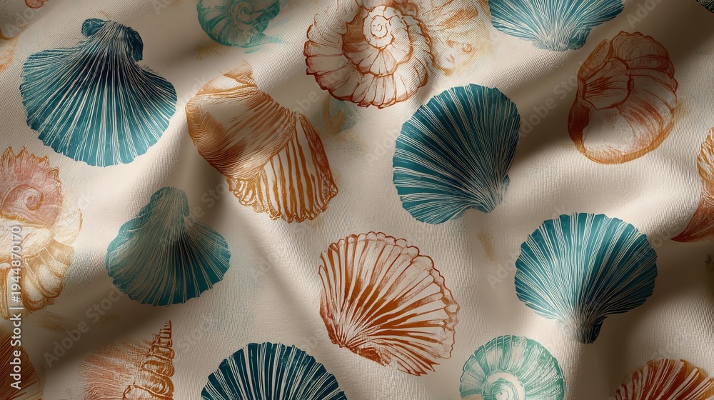Ocean shells repeat pattern on light background. Summer swimwear design shows scallop and spiral shapes.