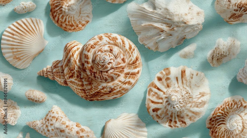 Ocean shells repeat pattern on light background. Summer swimwear design shows scallop and spiral shapes.