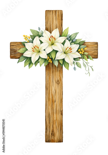 Watercolor Christian wooden cross with white lily flowers for Easter, memorial, funeral, and church decoration.