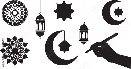 Black and white Islamic Ramadan decorations and symbols set