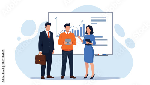 Illustration of business team analyzing data and discussing strategy in front of a whiteboard with charts and graphs