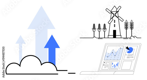 Business growth, sustainability, renewable energy, agriculture, data analytics, cloud computing. Arrows, windmill and computer with data charts. Growth and sustainability concepts