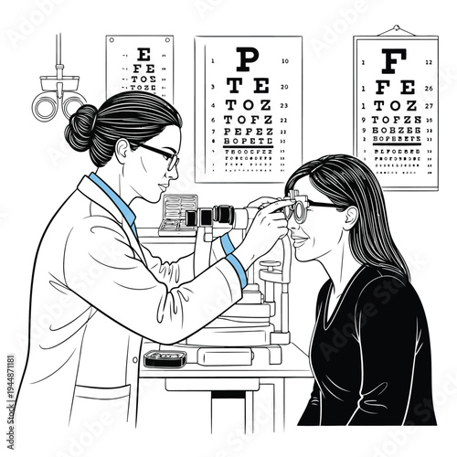 A female optometrist conducting an eye exam on a female patient using a phoropter