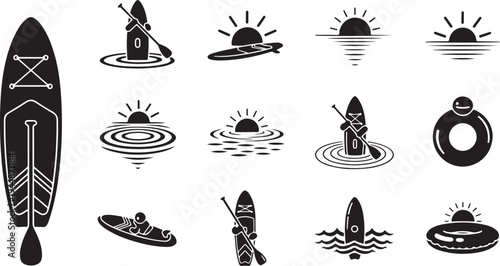 Black and white illustrations of people kayaking and paddleboarding
