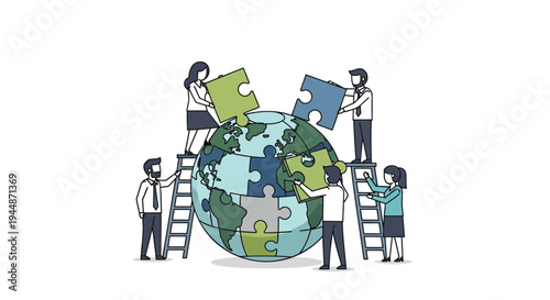 Vector illustration of people assembling a puzzle globe