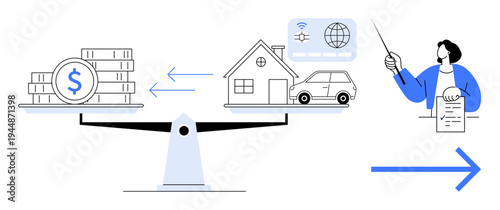 Scales balancing money and assets such as a house and car, with a teacher pointing to guidance. Ideal for finance, investment, budgeting, decision-making, advice, economy, simple flat metaphor