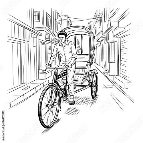 A man riding a cycle rickshaw through a narrow street with buildings on both sides