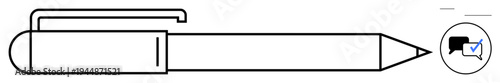 Ballpoint pen with clip aligned next to speech bubble and checkmark icon. Ideal for communication, planning, feedback, creativity, documentation, education, teamwork. Simple flat metaphor