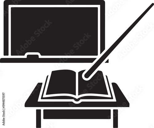 Education icon with book and computer on desk graphic