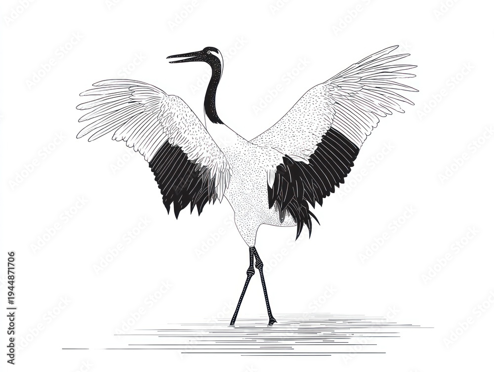 Fototapeta premium Black and white illustration of a crane bird with wings spread open, isolated on white