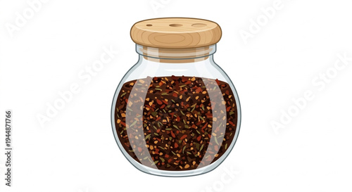 Glass spice jar with wooden lid and dried herbs vector illustration, kitchen storage isolated on white.